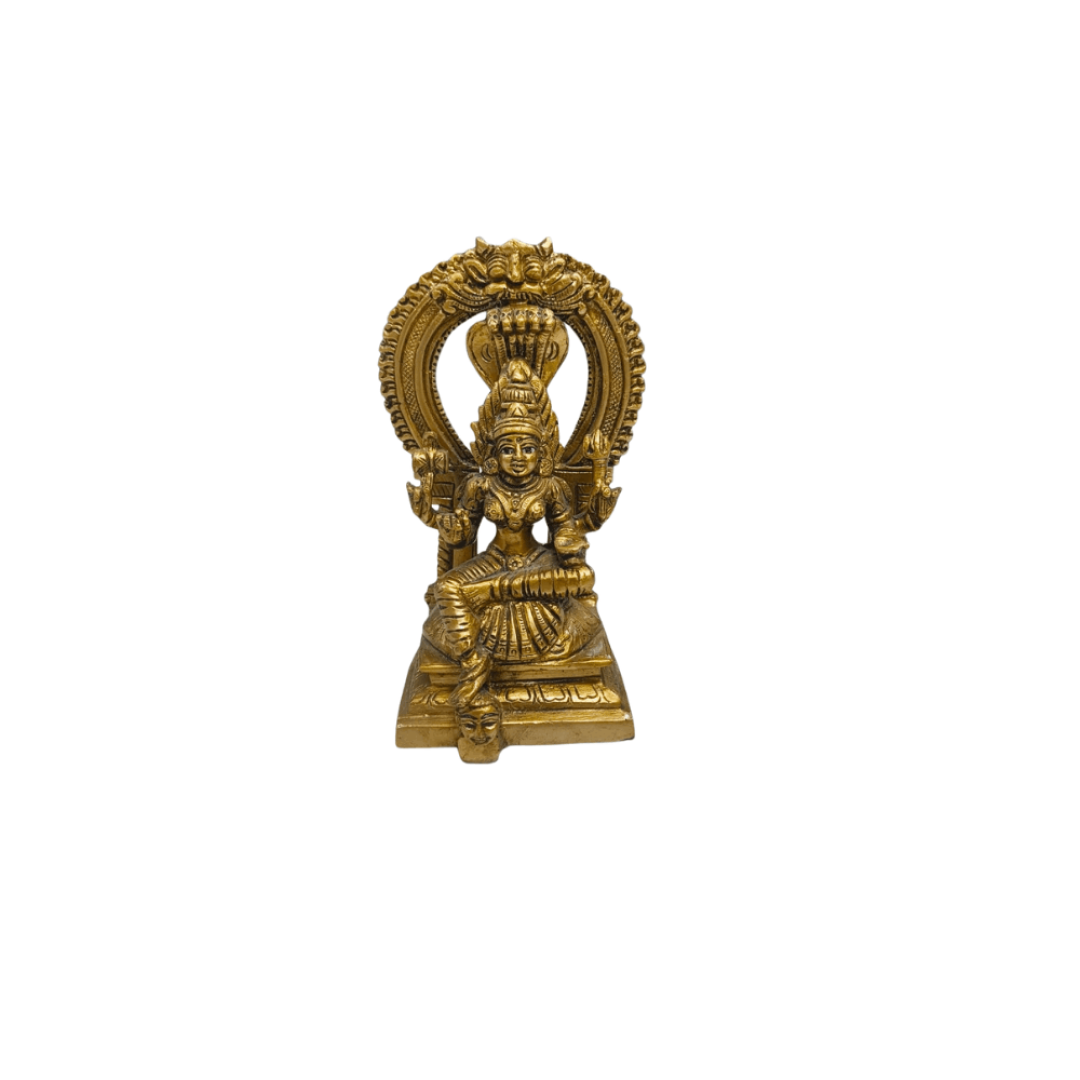 Brass Hindu Goddess Statue sitting under a multi-headed serpent canopy
