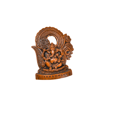 Brown terracotta-colored Ganesha Statue sitting inside a decorative sculpted leaf-like archway