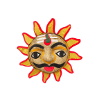 Colorful crafted sun face Statue made of natural fibers with a mustache and red triangular rays