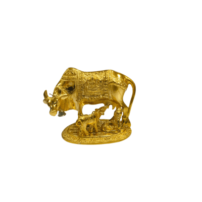 Golden metallic Kamadhenu cow Statue feeding a calf on a decorative oval base