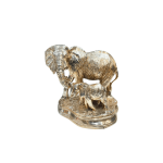 Metallic silver and gold toned Statue of an adult elephant standing next to a baby elephant