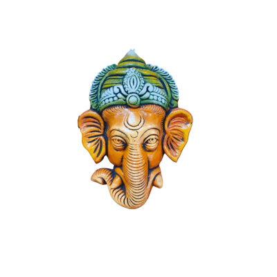 Painted face mask wall hanging Statue of Lord Ganesha with a green and yellow crown
