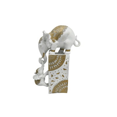 White and gold Statue of an adult elephant lifting a baby elephant